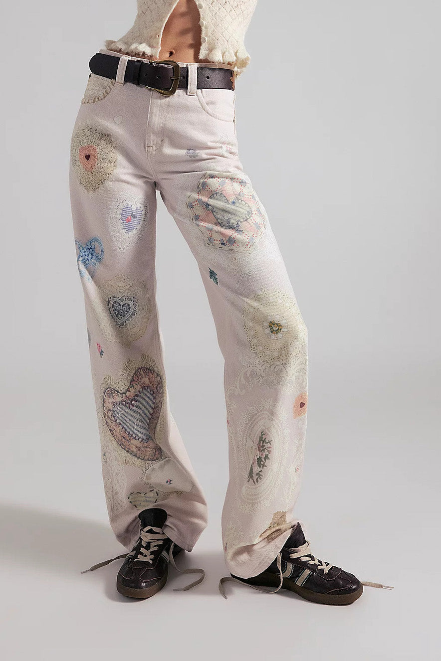 High-Waisted Statement Print Wide Leg Jeans Lavish Daily