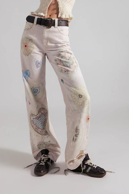 High-Waisted Statement Print Wide Leg Jeans Lavish Daily