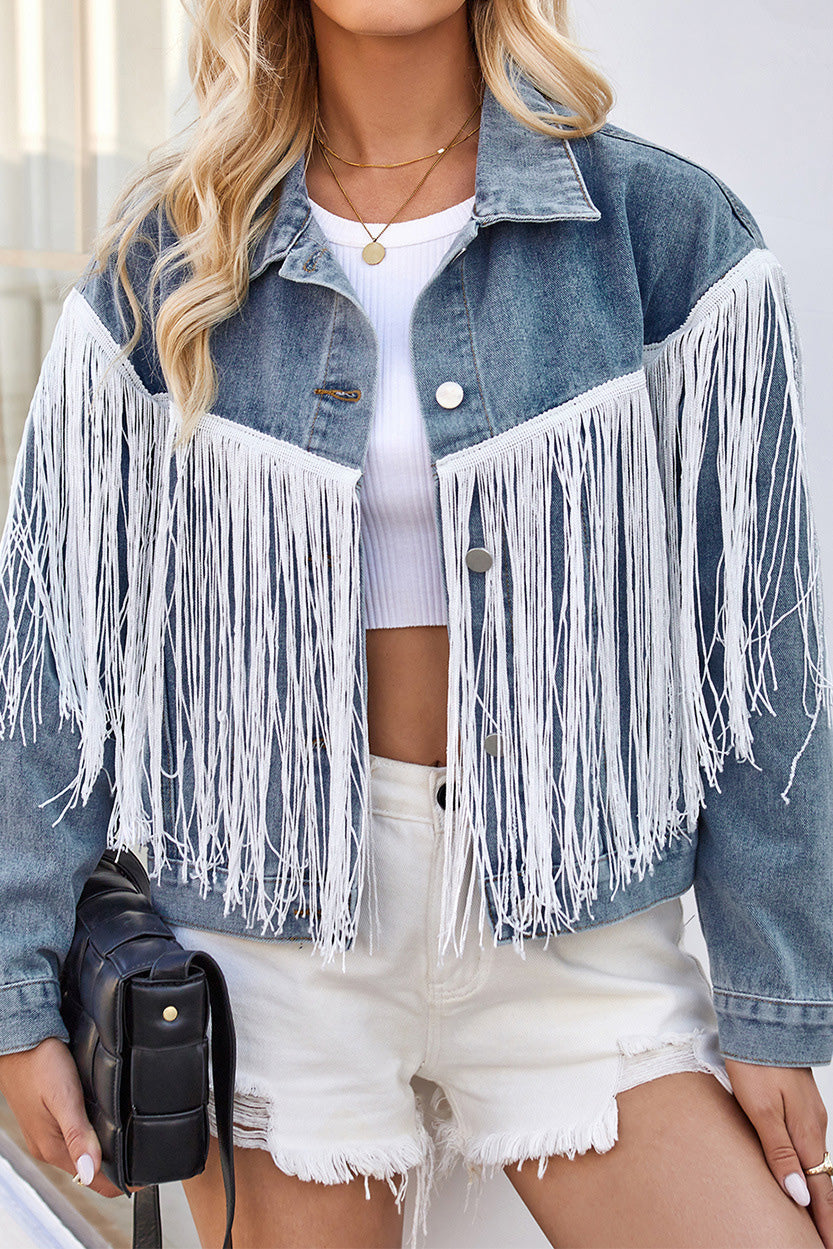 Washed Tassel Long Sleeve Denim Jacket Lavish Daily