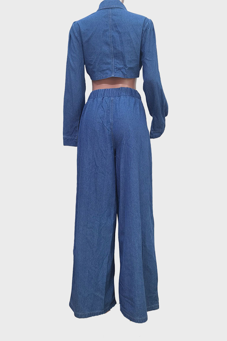 Denim Tied Shirt & Wide-Leg Pants Set Lavish Daily