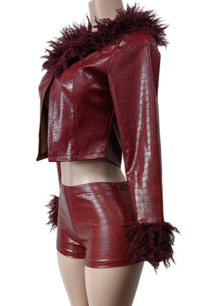 Snake Texture Faux Leather Long Sleeve Shorts Set Lavish Daily