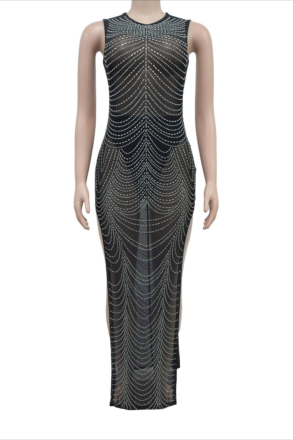 Sheer Rhinestone High Slit Gown Lavish Daily