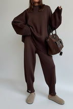 Distressed Knit Pants & Crew Neck Sweater Set Lavish Daily