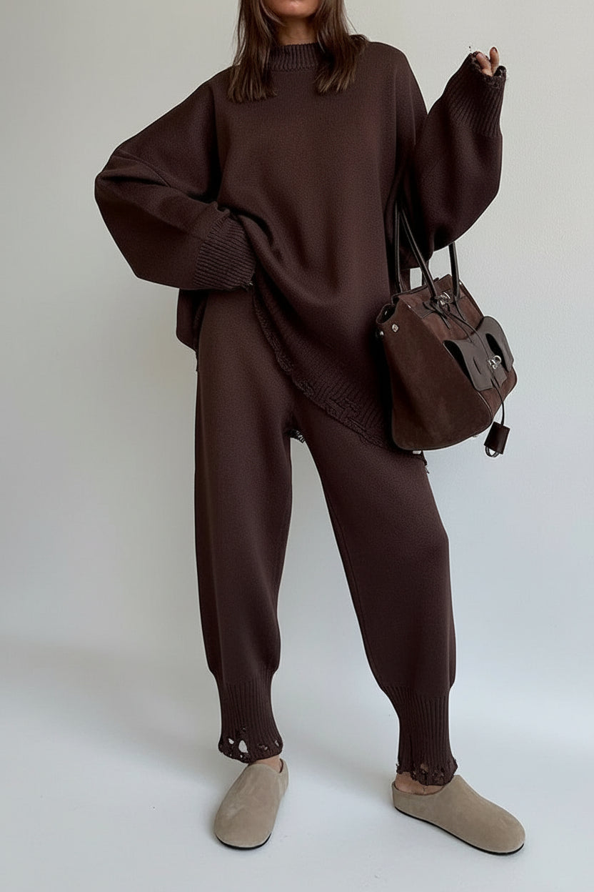 Distressed Knit Pants & Crew Neck Sweater Set Lavish Daily