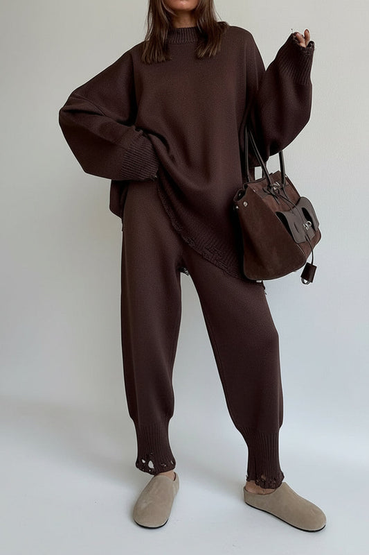 Distressed Knit Pants & Crew Neck Sweater Set Lavish Daily