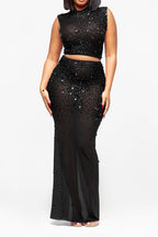 Sheer Rhinestone Mesh Maxi Skirt Set Lavish Daily