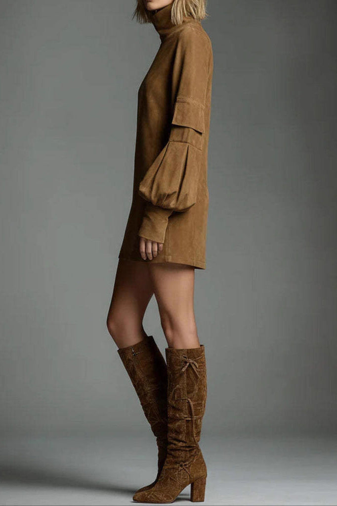 High Neck Long Sleeve Pocket Mini Dress Lavish Daily