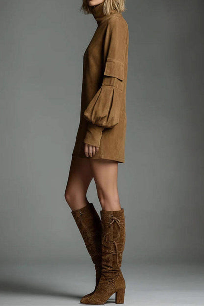 High Neck Long Sleeve Pocket Mini Dress Lavish Daily