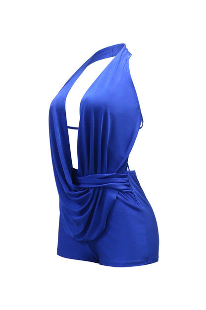 Draped Plunging Halter Backless Romper Lavish Daily