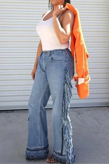 Side Fringe Wide Leg Raw Hem Jeans Lavish Daily