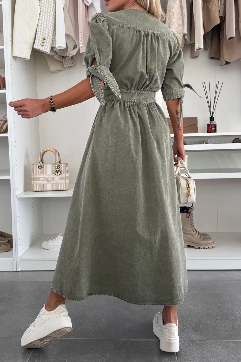 Single-Breasted V-Neck Denim Dress Lavish Daily