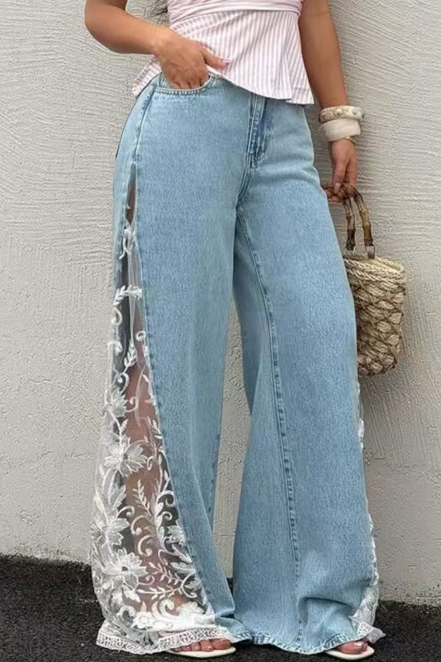 High-Waisted Lace Insert Wide Leg Jeans Lavish Daily
