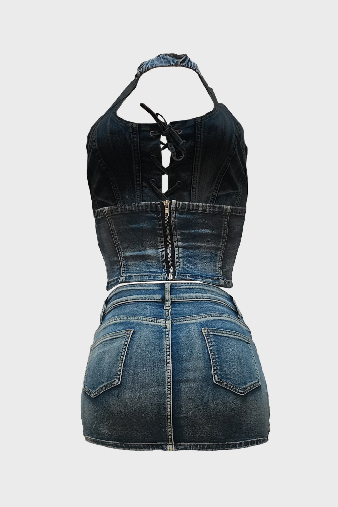 Denim Skirt U-Neck Two-Piece Set Lavish Daily