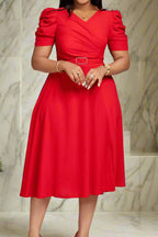 V Neck Short Puff Sleeves High Waist Midi Dress Lavish Daily
