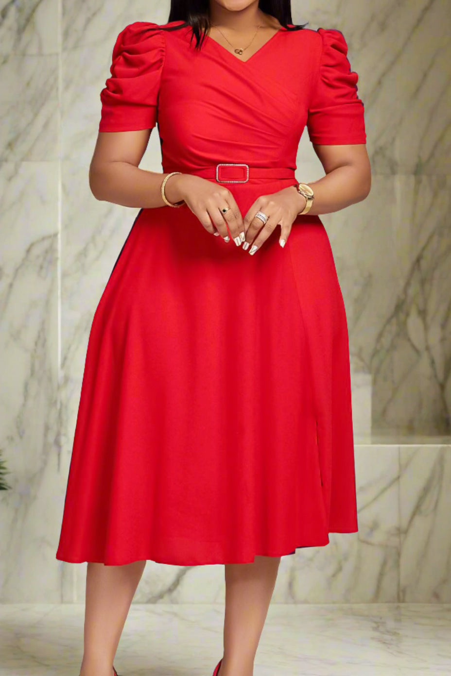 V Neck Short Puff Sleeves High Waist Midi Dress Lavish Daily