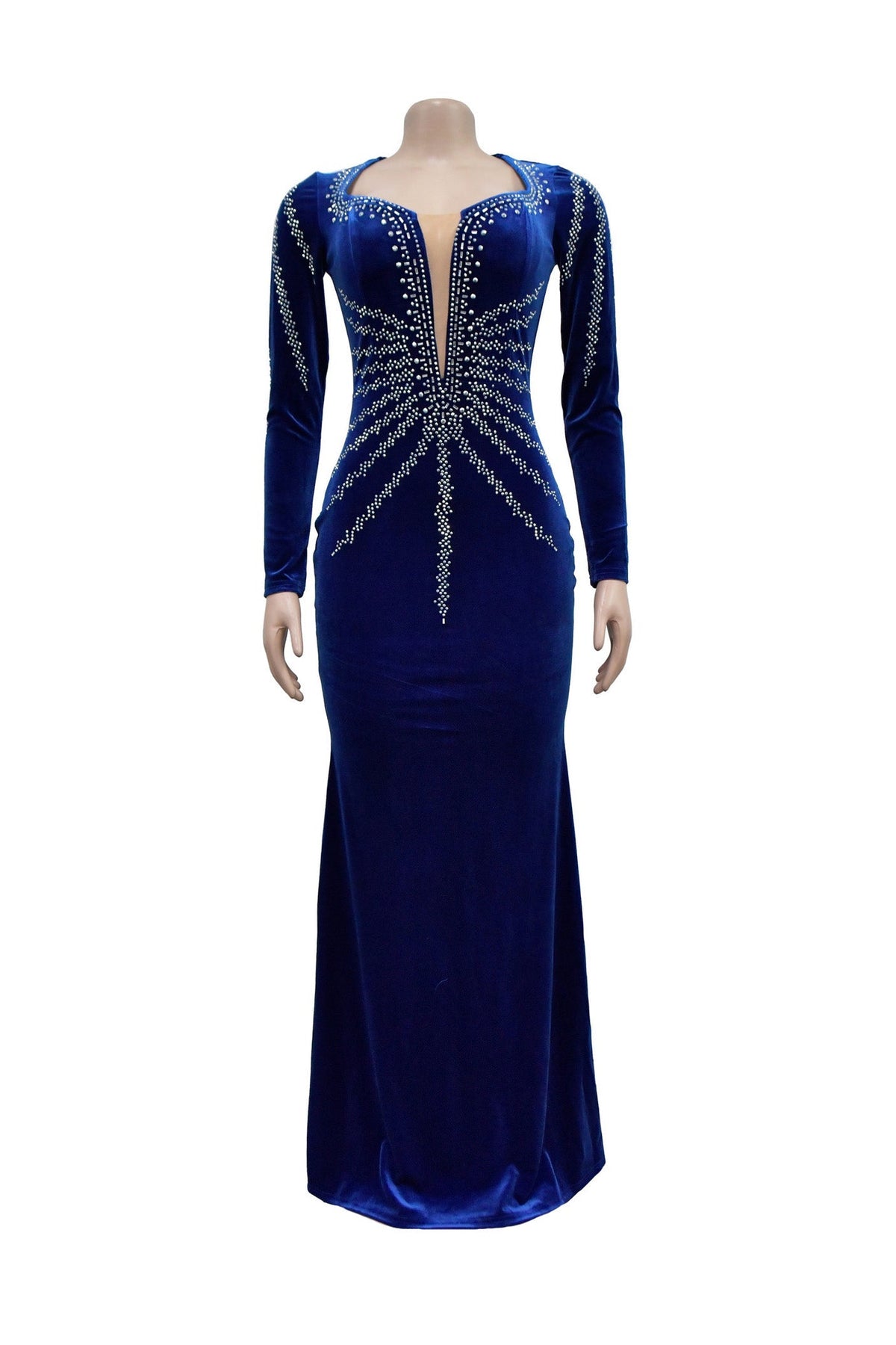 Rhinestone Plunge Illusion Velvet Maxi Dress Lavish Daily