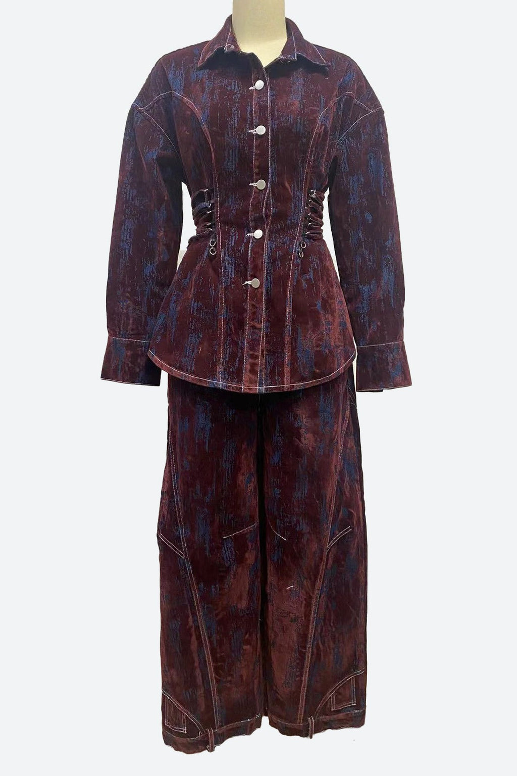 Printed Contrast Denim Jacket & Pants Set Lavish Daily