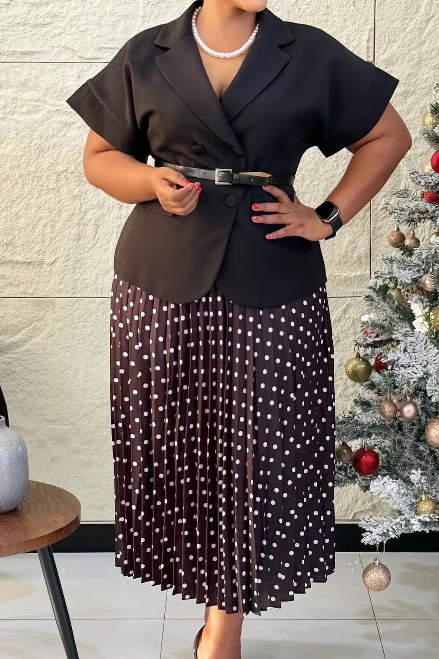 Belted Blazer & Pleated Polka Dot Skirt Set Lavish Daily
