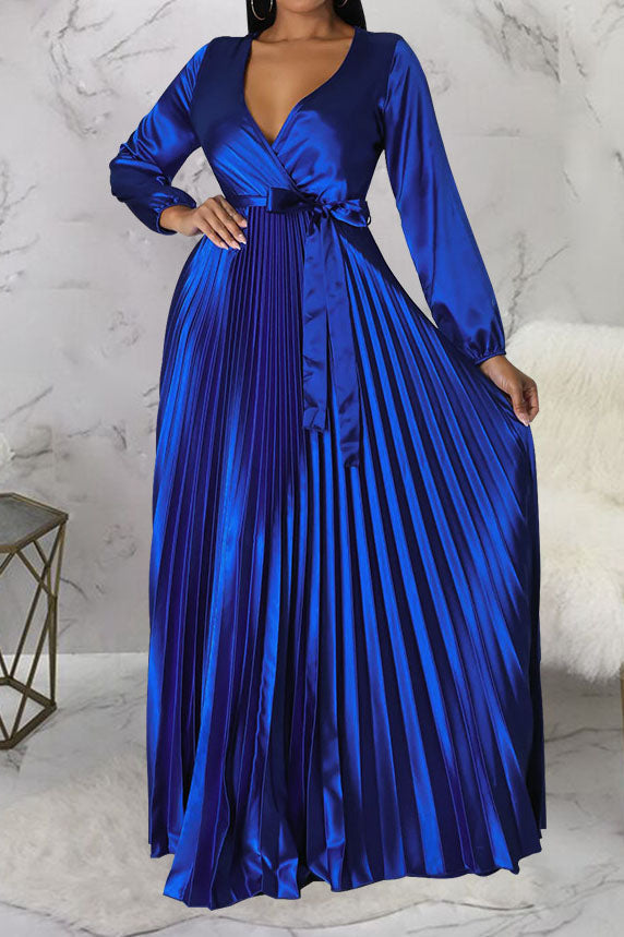 Faux Silk Pleated Tie-Waist Maxi Dress Lavish Daily