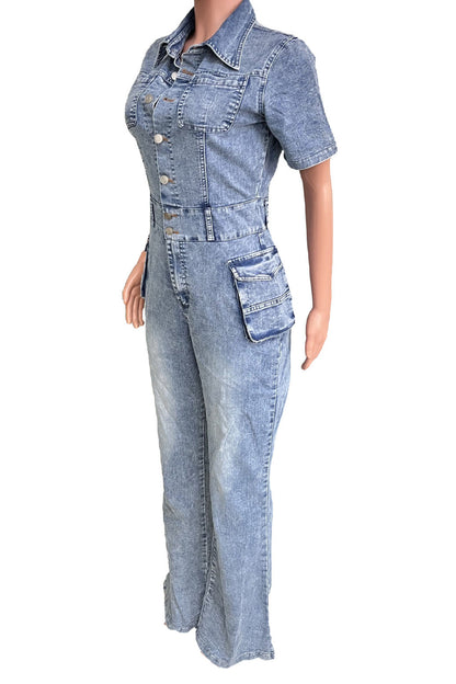 Turndown Collar Denim Jumpsuit Lavish Daily