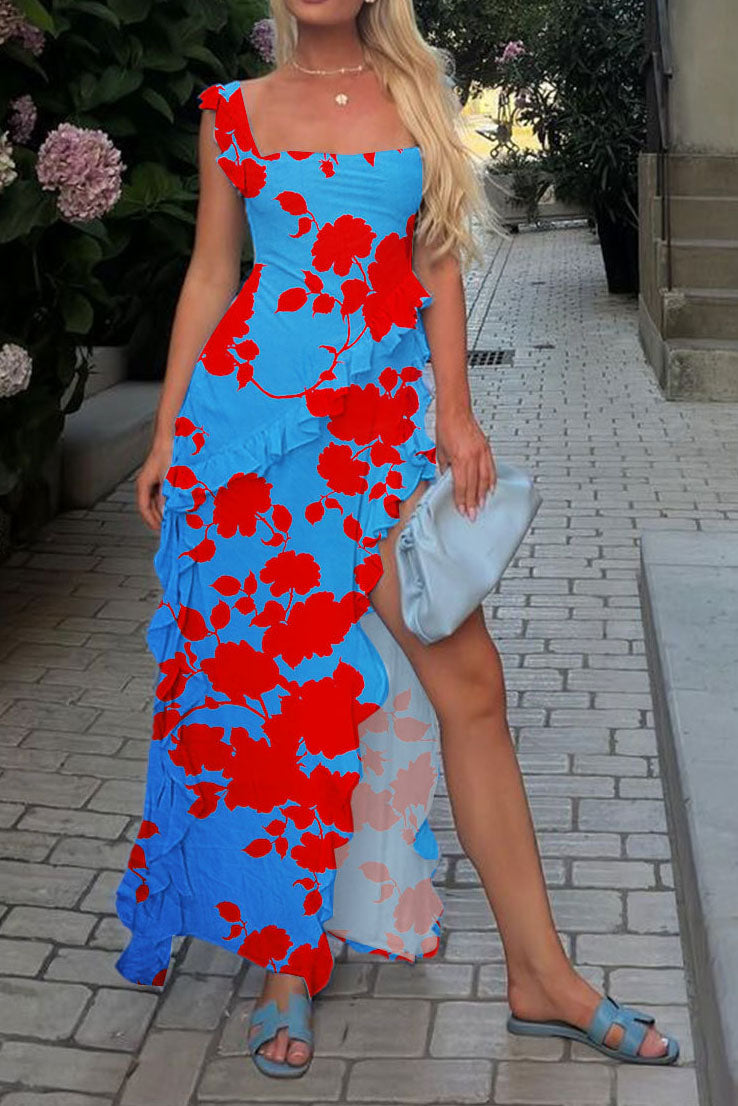 Long Strapless Dress With Slits and Tropical Print Lavish Daily