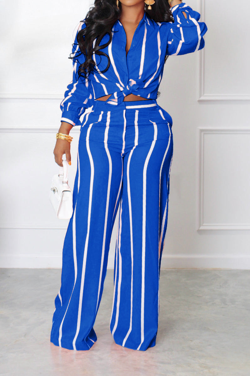 Long Sleeve Loose Printed Striped Shirt Set Lavish Daily