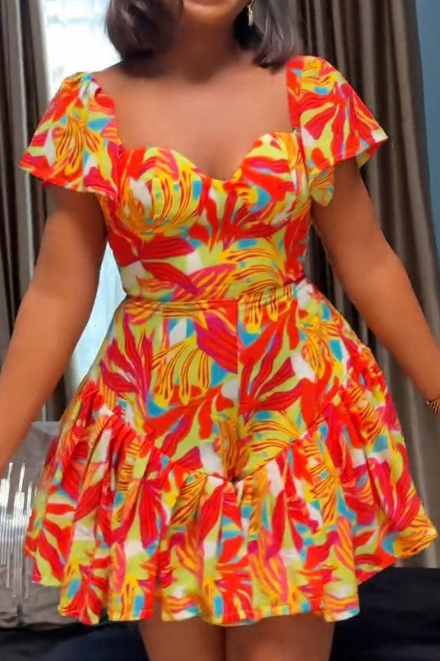 Printed Waist-Cinching Pleated Romper Lavish Daily