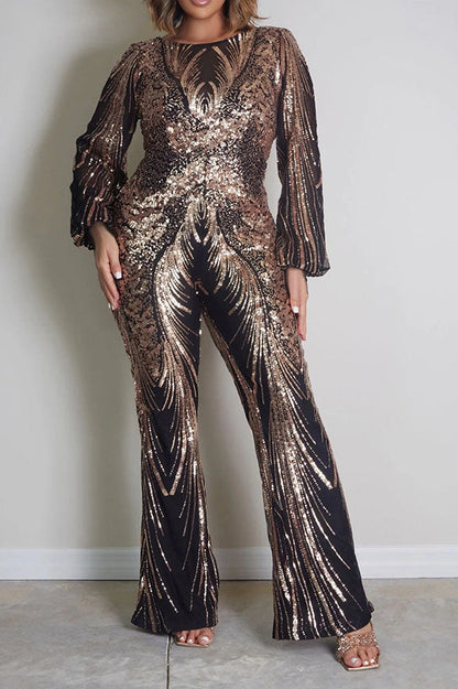 Sequin Lantern Sleeve Party Jumpsuit Lavish Daily
