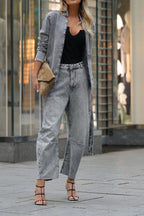 Denim Belted Jacket & Washed Mid Rise Jeans Set Lavish Daily