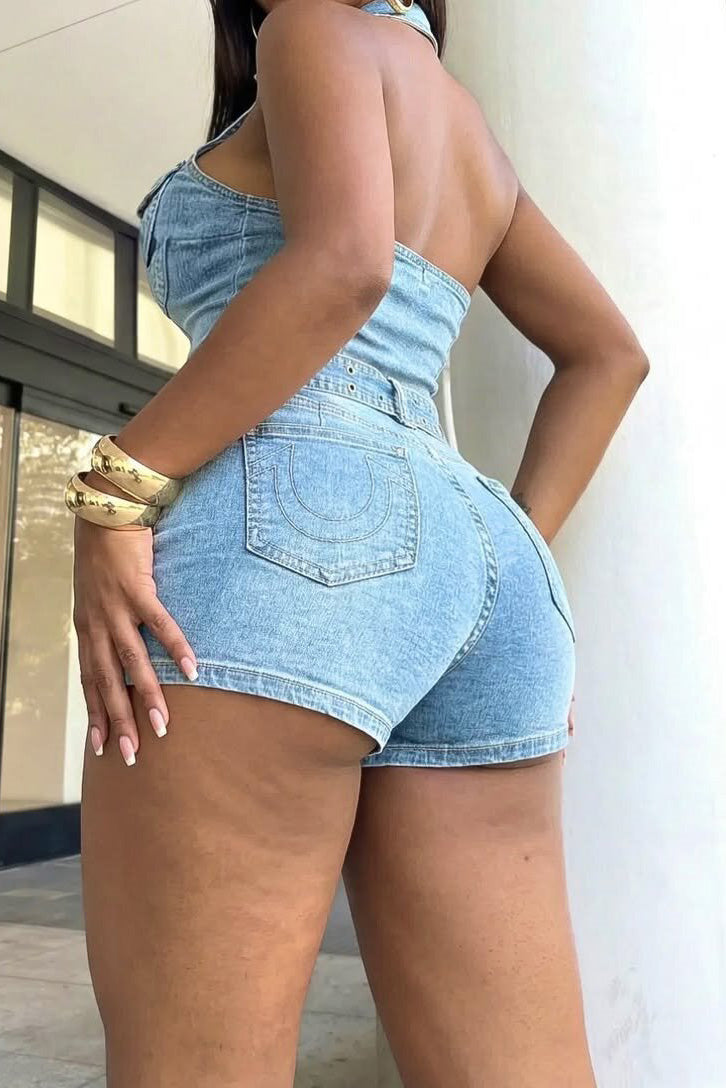 Halter Zip-Up Open Back Belted Denim Romper Lavish Daily