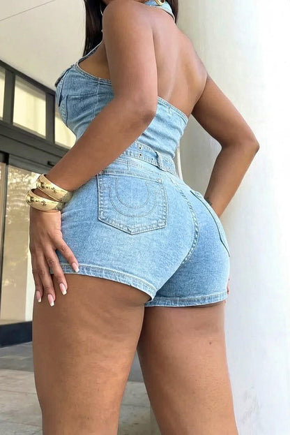 Halter Zip-Up Open Back Belted Denim Romper Lavish Daily