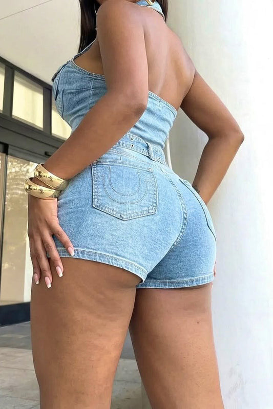 Halter Zip-Up Open Back Belted Denim Romper Lavish Daily