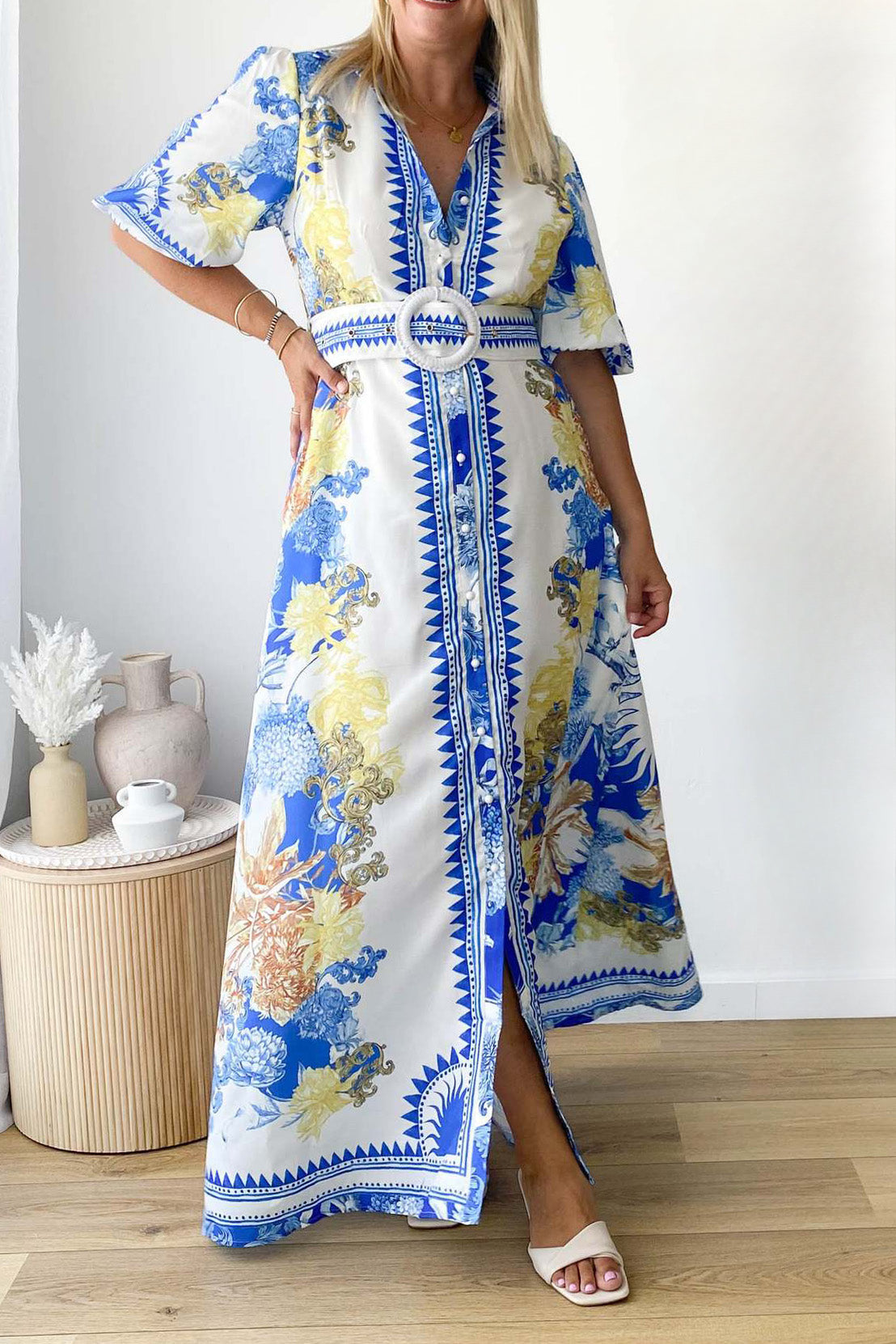 Printed Turn-Down Collar Maxi Dress Lavish Daily