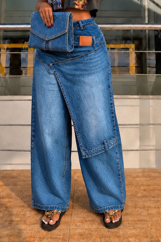 Asymmetrical Overlay Wide Leg Denim Pants Lavish Daily