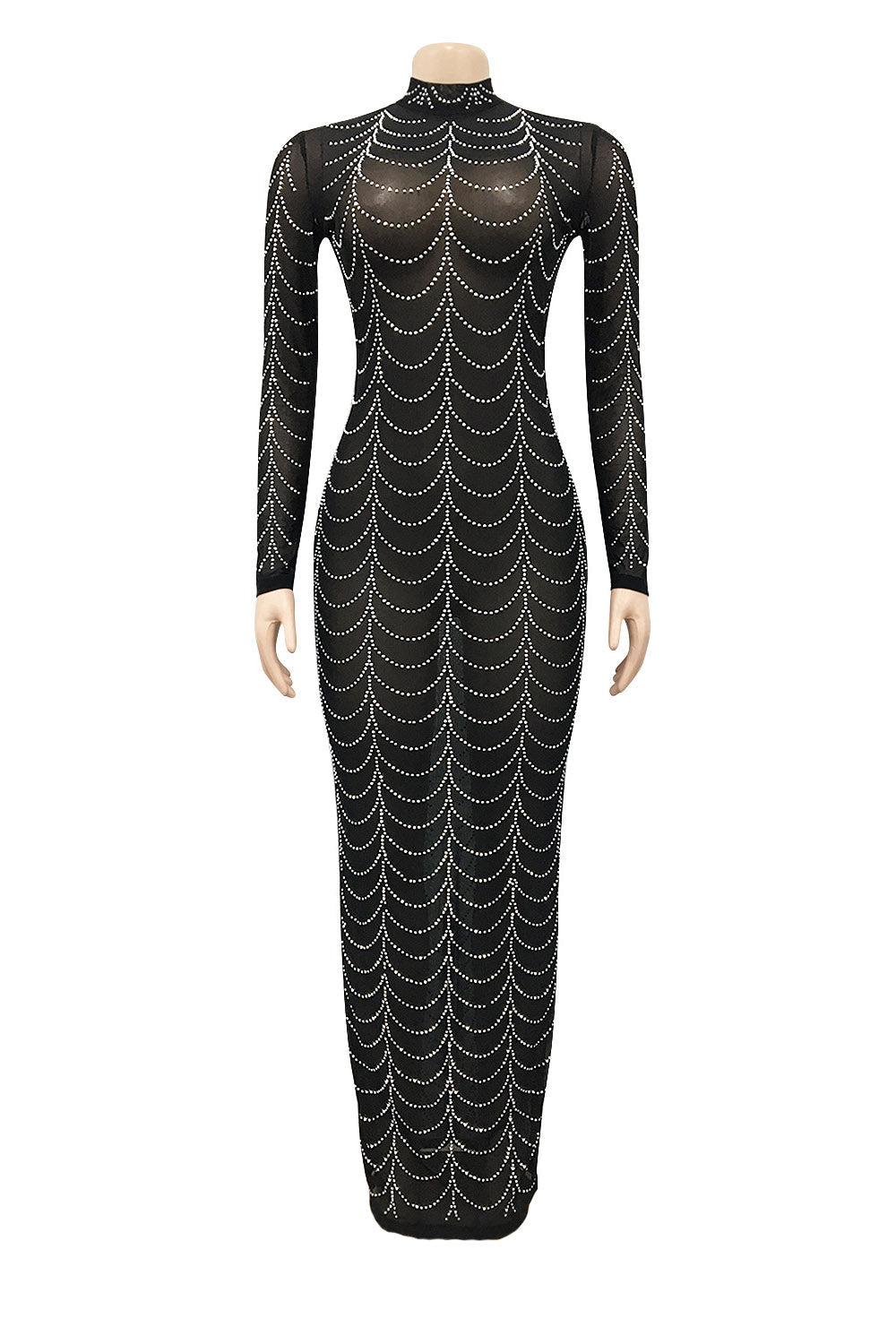Rhinestone Long-Sleeve Sheer Maxi Dress Lavish Daily