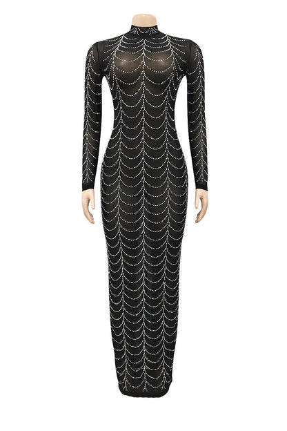 Rhinestone Long-Sleeve Sheer Maxi Dress Lavish Daily