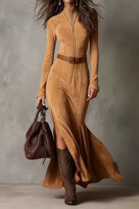 Long Sleeve Zipper Slim Fit Slit Maxi Dress Lavish Daily