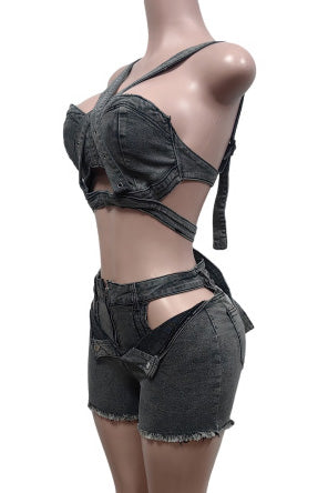 Denim Top & Cut Out Shorts Set Lavish Daily