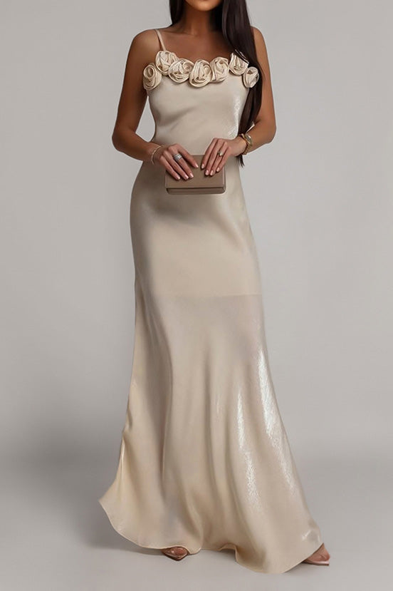 3D Floral Rosette Satin Maxi Dress Lavish Daily