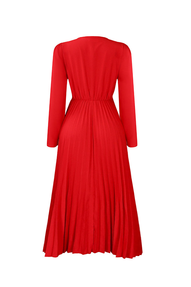 V Neck Long Sleeve Pleated Midi Dress Lavish Daily
