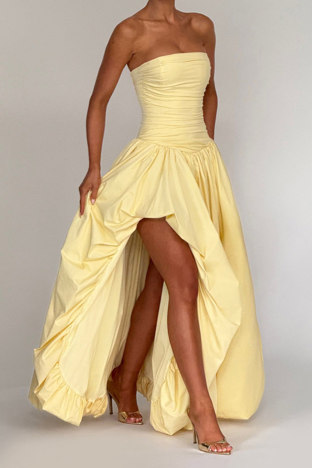 Strapless Ruched High-Slit Evening Gown Lavish Daily