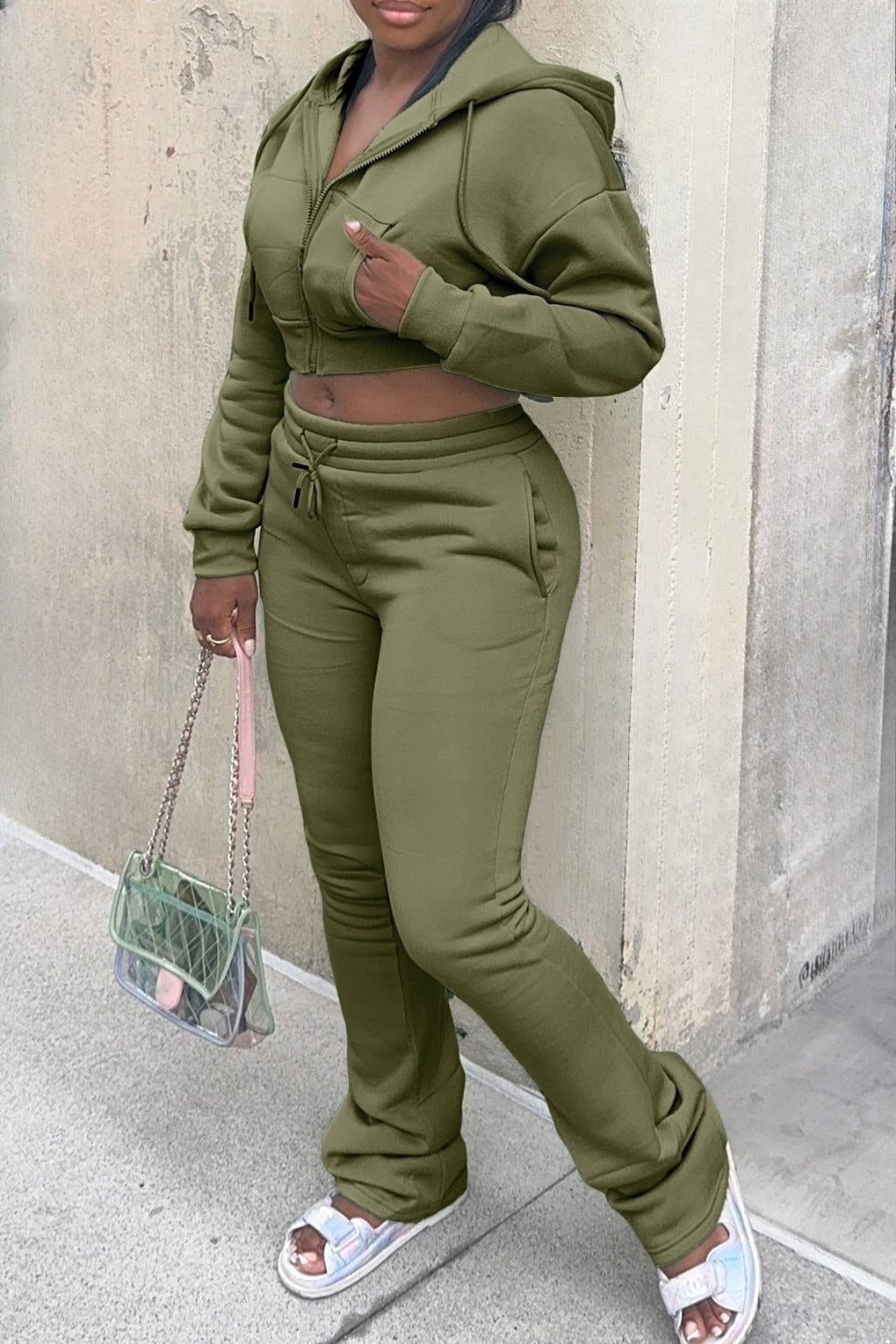 Fleece Hoodie Zip Jacket and Flare Pants Set Lavish Daily