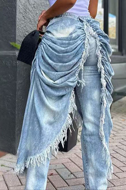 Draped Frayed Overlay Denim Jeans Lavish Daily