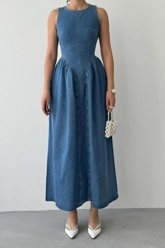 Sleeveless Drop Waist Denim Maxi Dress Lavish Daily