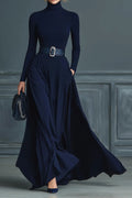 Long Sleeve High Neck Waist Tie Maxi Dress Lavish Daily