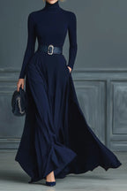 Long Sleeve High Neck Waist Tie Maxi Dress Lavish Daily
