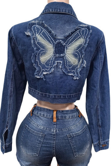 Butterfly Embroidered Crop Denim Jacket Lavish Daily