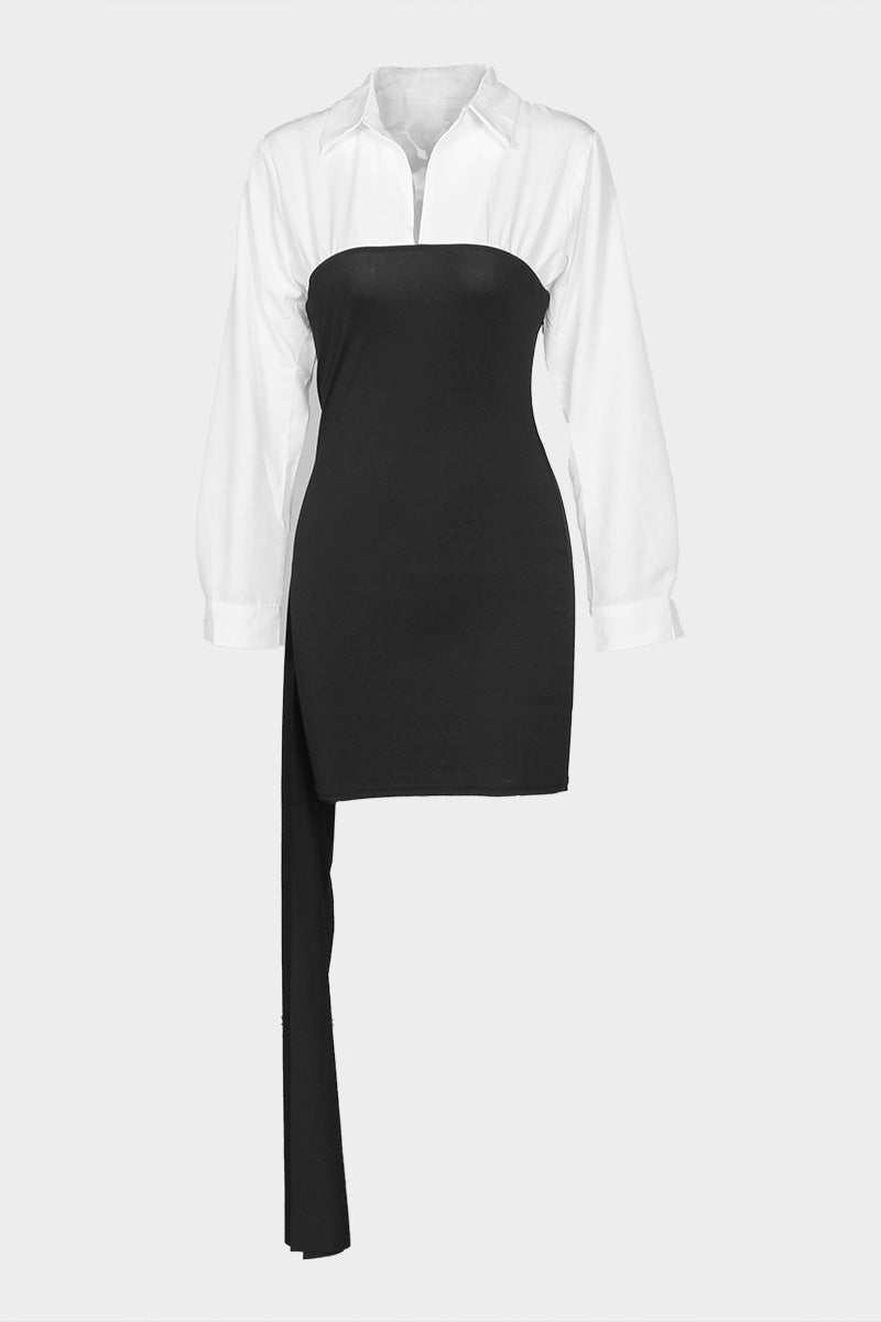 Elegant Color Block Lapel Dress for Office Lavish Daily