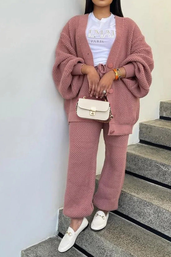 Knit Button-Front Cardigan & Pants Set Lavish Daily