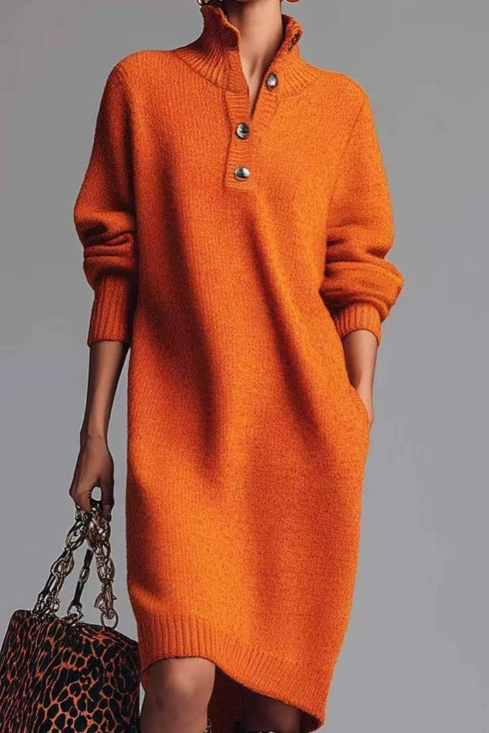 Solid Collared Button Pocket Knit Midi Dress LavishDaily